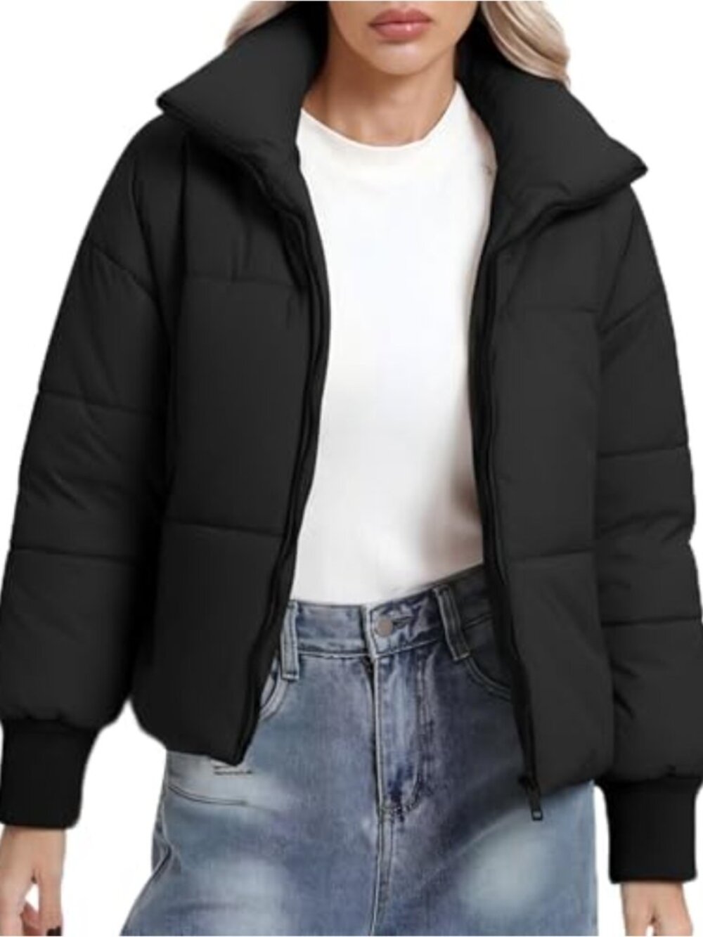 Cropped Puffer Jacket Quilted Zip Up Winter Coat
